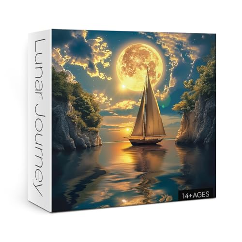 IdeaBazar Beautiful Moon Sailboat Puzzles for Adults 1000 Pieces Nature Colorful Ocean Sunset Jigsaw Puzzles Pretty Tree Scenic Mountain Scenery Puzzle - Image 1