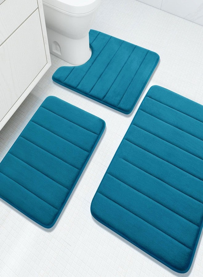 Buganda Memory Foam 3 Pieces Bathroom Rugs Set - Thick Soft Absorbent Non-Slip Bath Mats, Washable Small/Large/Contour Bath Rugs (24" x 16" + 30" x 20" + 24" x 20", Peacock Blue) - Image 1