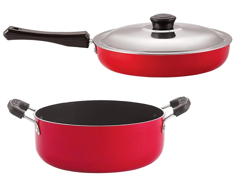 Nirlon Nirlon 3 Layer NonStick Coated Aluminium Rust Free Cooking Utensil Set of Fry Pan32 LTR Casserole26 LTR ColorRed  - Image 1