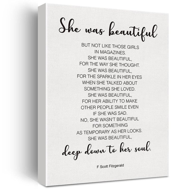 Inspirational Wall Decor She Was Beautiful F Scott Fitzgerald Quote Canvas Painting Prints for Home Dining Room Living Room Wall Decor Framed Artwork Gifts12x15 Inch