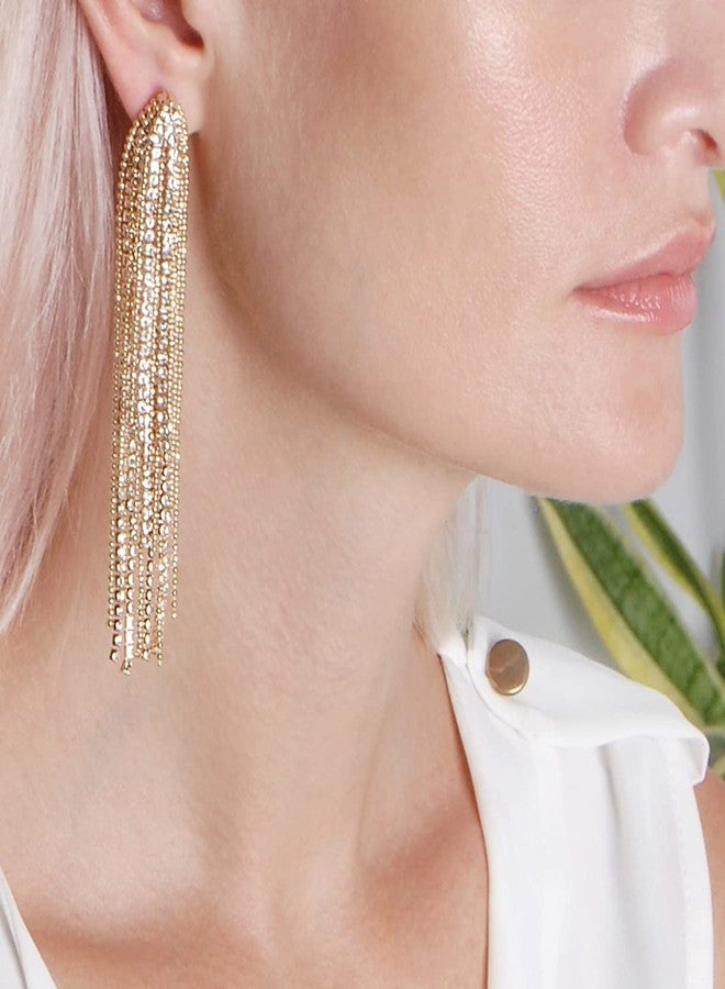 Humble Chic NY Humble Chic Simulated Diamond Earrings - Oversized Darling Waterfall Tassel CZ Statement Chandelier Studs, Gold - Image 2