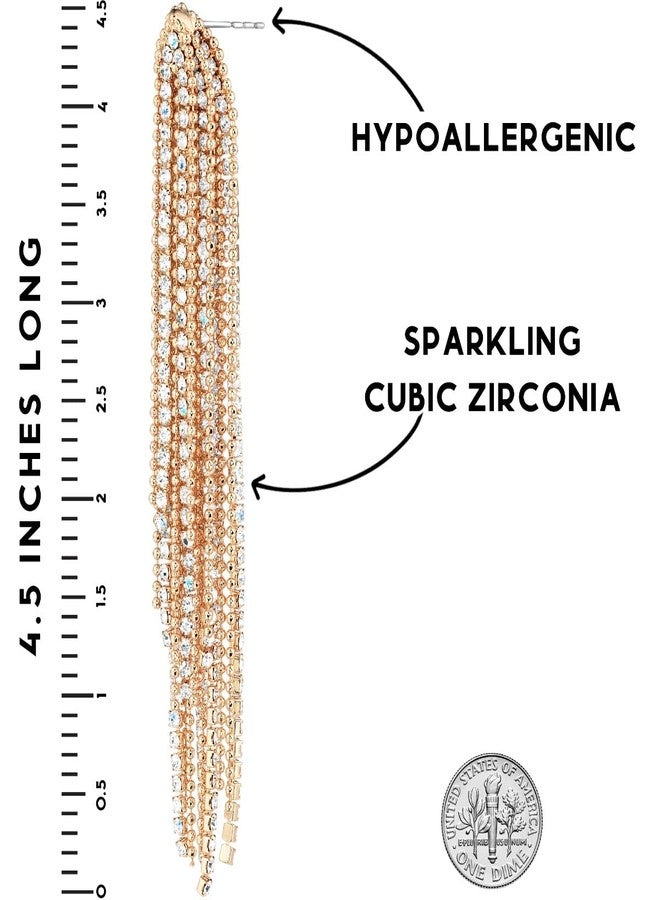 Humble Chic NY Humble Chic Simulated Diamond Earrings - Oversized Darling Waterfall Tassel CZ Statement Chandelier Studs, Gold - Image 4
