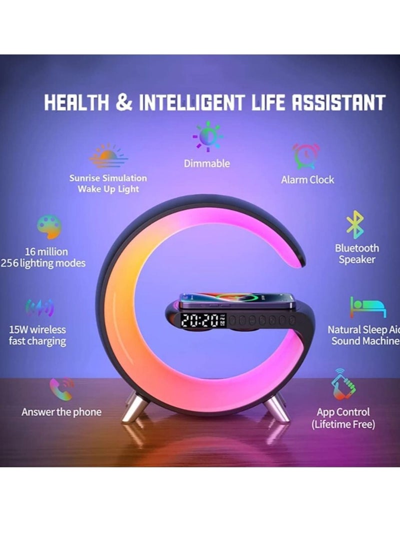 ELTRAZONE Bedside Table Lamp Desk Night Light with 15W Quick Wireless Charger and Bluetooth Speaker, Desk Lamp with Alarm Clock and 256 RGB Light Modes Bedroom Lamp - Image 2