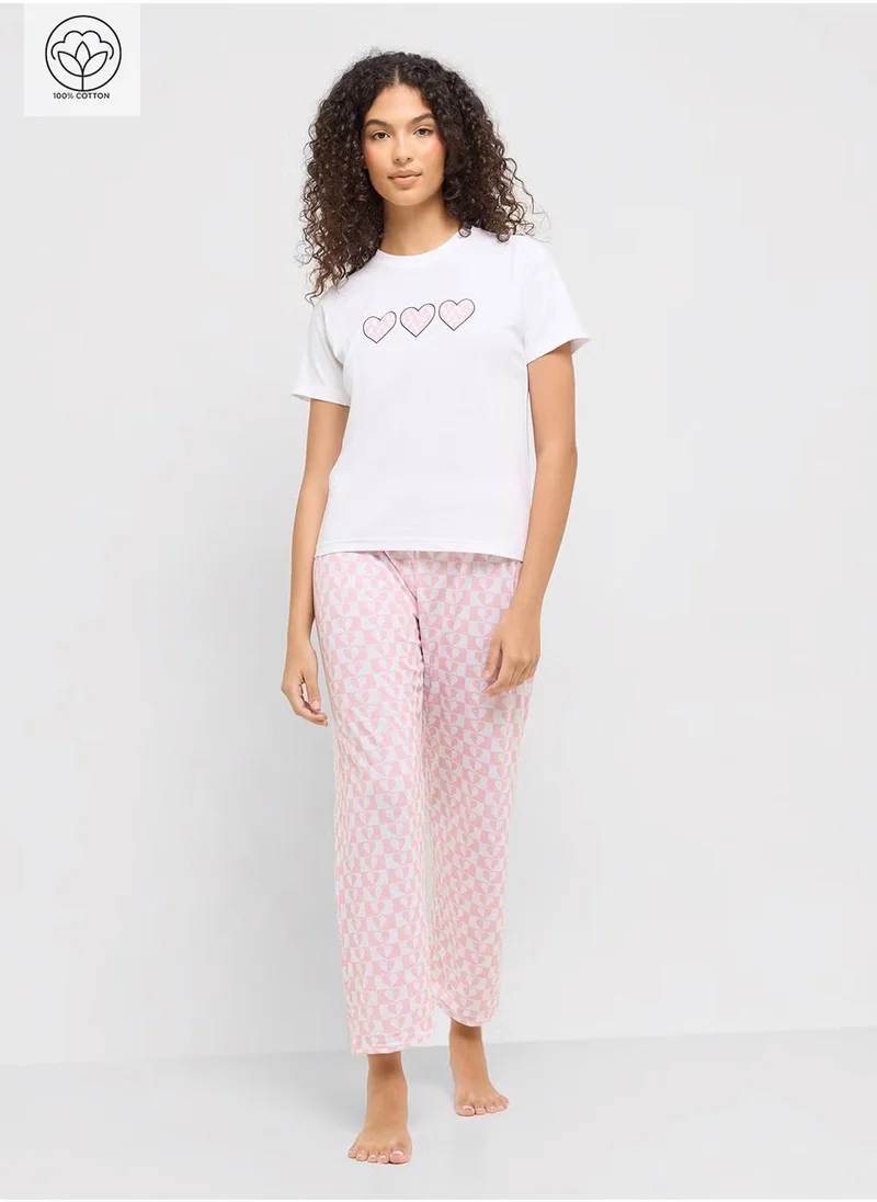Ginger Cotton Heart Print T-Shirt & Pyjama Set