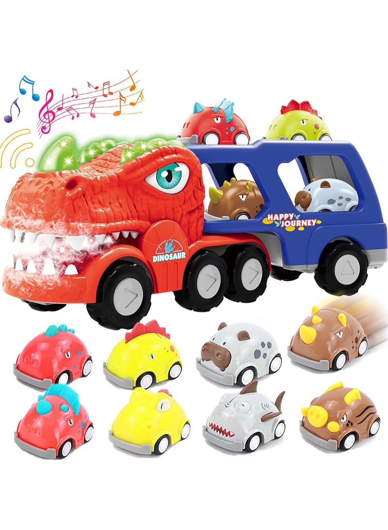 Big Dinosaur Transport Cars LED Vapor Spray Car Carrier with Sound, 8pcs Pull Back Animal Cars, Dinosaur Truck Car Toys for 2 3 4 Boys Girls Gifts - Image 3