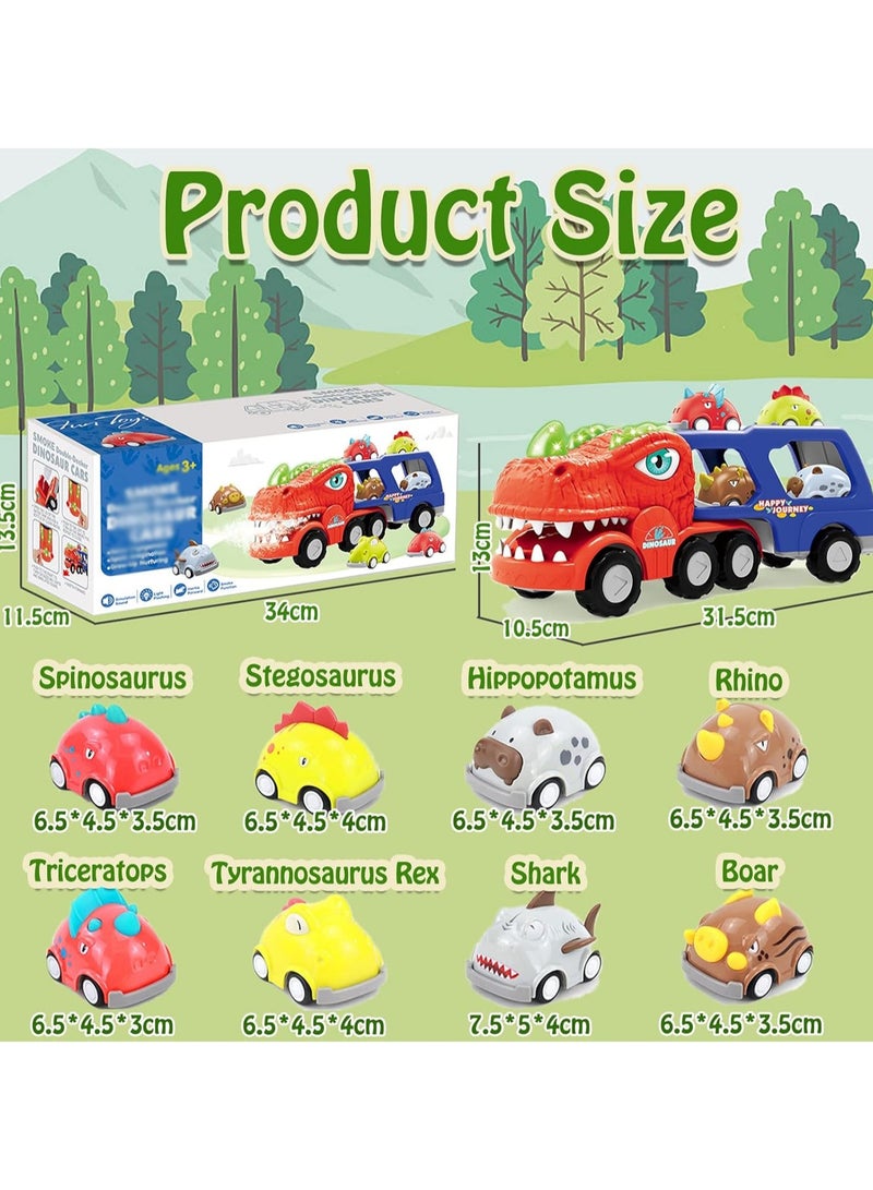 Big Dinosaur Transport Cars LED Vapor Spray Car Carrier with Sound, 8pcs Pull Back Animal Cars, Dinosaur Truck Car Toys for 2 3 4 Boys Girls Gifts - Image 2