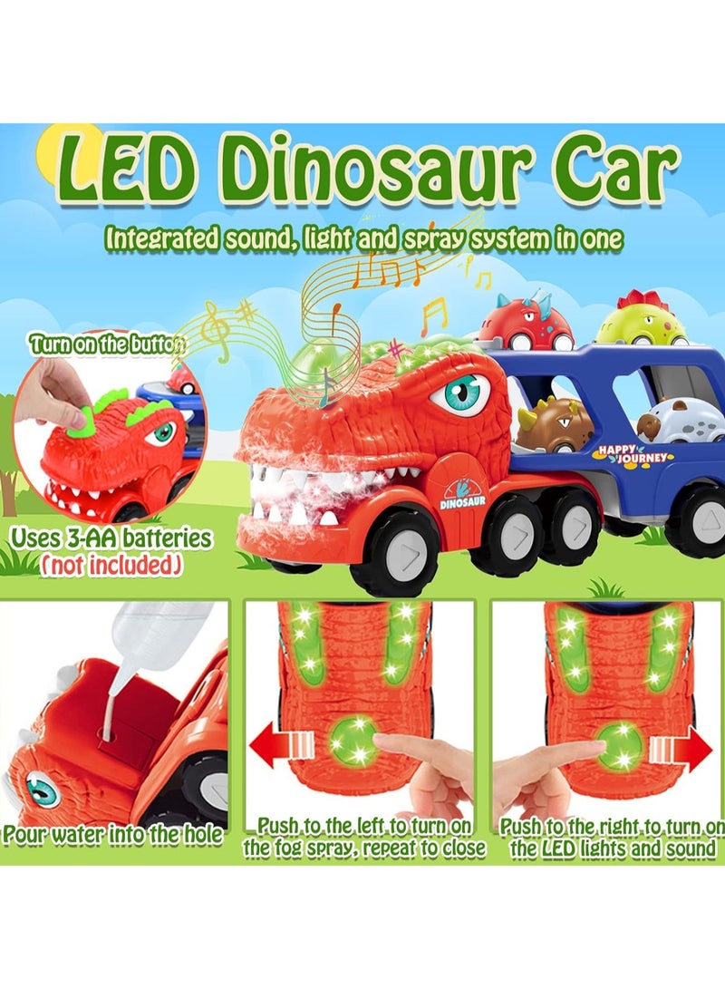 Big Dinosaur Transport Cars LED Vapor Spray Car Carrier with Sound, 8pcs Pull Back Animal Cars, Dinosaur Truck Car Toys for 2 3 4 Boys Girls Gifts - Image 5