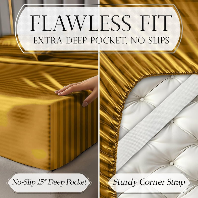DECOLURE Striped Satin Sheets Twin Size Set 3 Pcs - Silky & Luxuriously Soft Satin Bed Sheets w/ 15 inch Deep Pocket - Double Stitching, Wrinkle Free (Gold) - Image 5