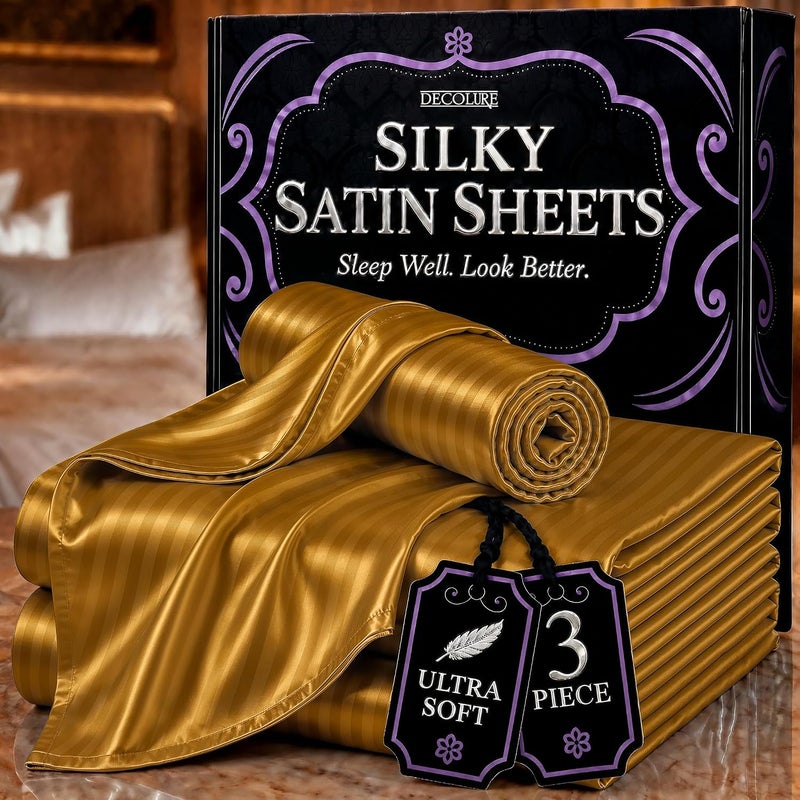 DECOLURE Striped Satin Sheets Twin Size Set 3 Pcs - Silky & Luxuriously Soft Satin Bed Sheets w/ 15 inch Deep Pocket - Double Stitching, Wrinkle Free (Gold) - Image 1