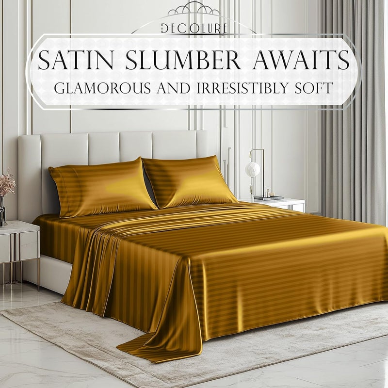 DECOLURE Striped Satin Sheets Twin Size Set 3 Pcs - Silky & Luxuriously Soft Satin Bed Sheets w/ 15 inch Deep Pocket - Double Stitching, Wrinkle Free (Gold) - Image 2
