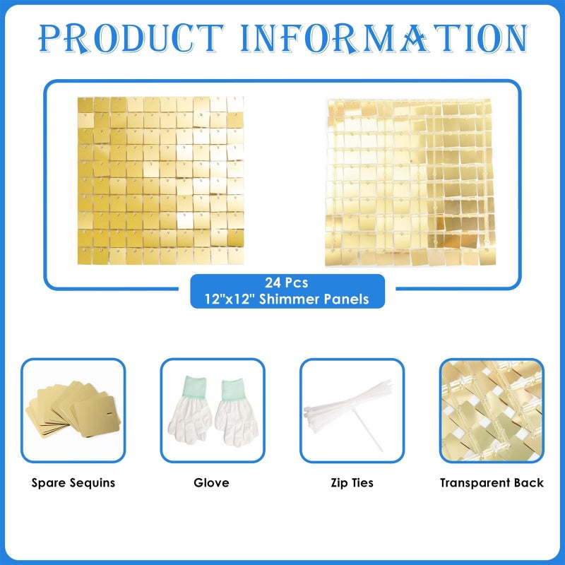 Kate Shimmer Wall Backdrop Light Gold Square Sequin Wall Panel Backdrop Decor for Wedding, Anniversary, Birthday, Party, 24 Panels - Image 2