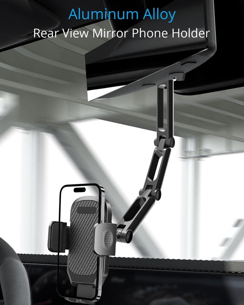Quyee Phone Holder Car, Rear View Mirror Phone Holder - Aluminum Alloy Mount Multi-Angle Adjustment Rotatable and Retractable Compatible with All 4-7 Inch iPhone and Android Cell Phones (XL Black) - Image 2