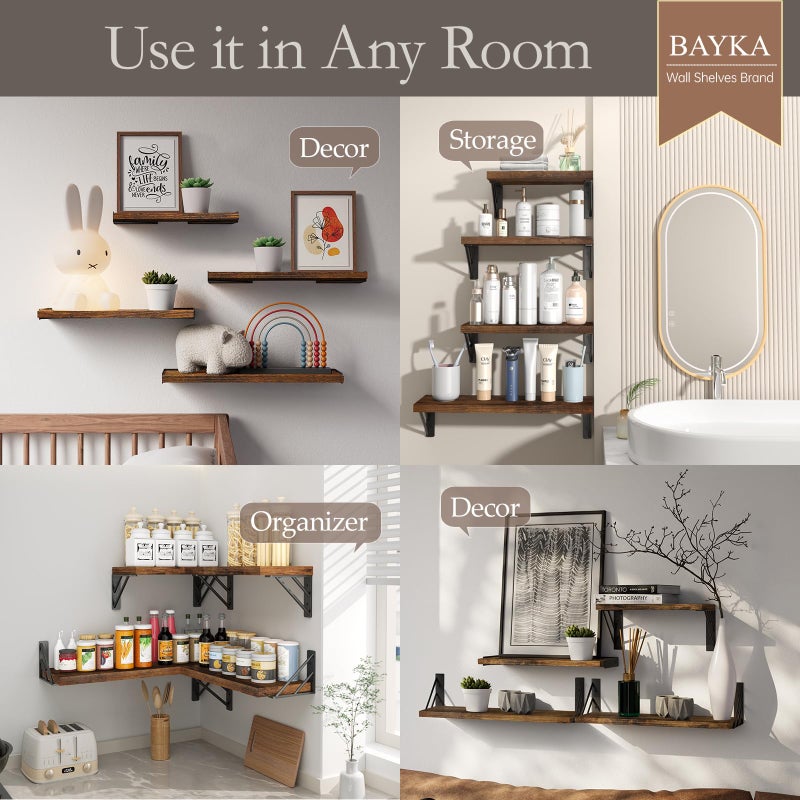 BAYKA Wall Shelves for Bedroom Decor, Floating Wall Shelves for Living Room Kitchen Storage, Mounted Rustic Wood Floating Shelves for Kids Books, Corner Shelf for Bathroom(Rustic Brownï¼ŒSet of 4) - Image 3