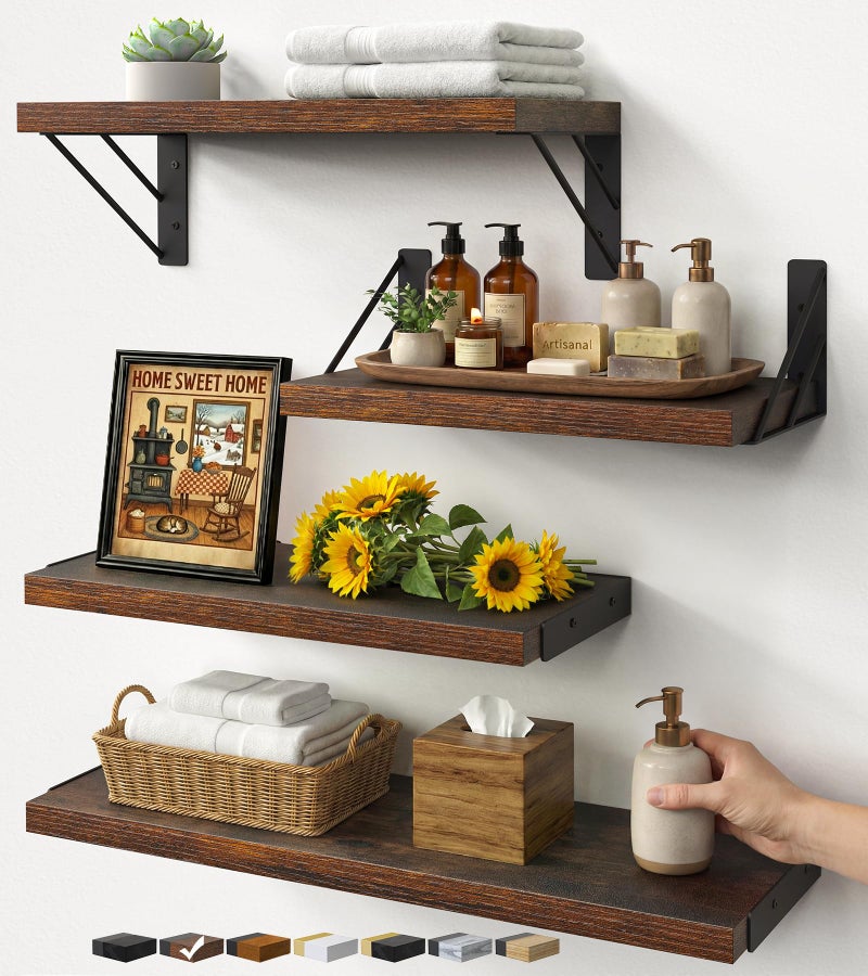 BAYKA Wall Shelves for Bedroom Decor, Floating Wall Shelves for Living Room Kitchen Storage, Mounted Rustic Wood Floating Shelves for Kids Books, Corner Shelf for Bathroom(Rustic Brownï¼ŒSet of 4) - Image 1