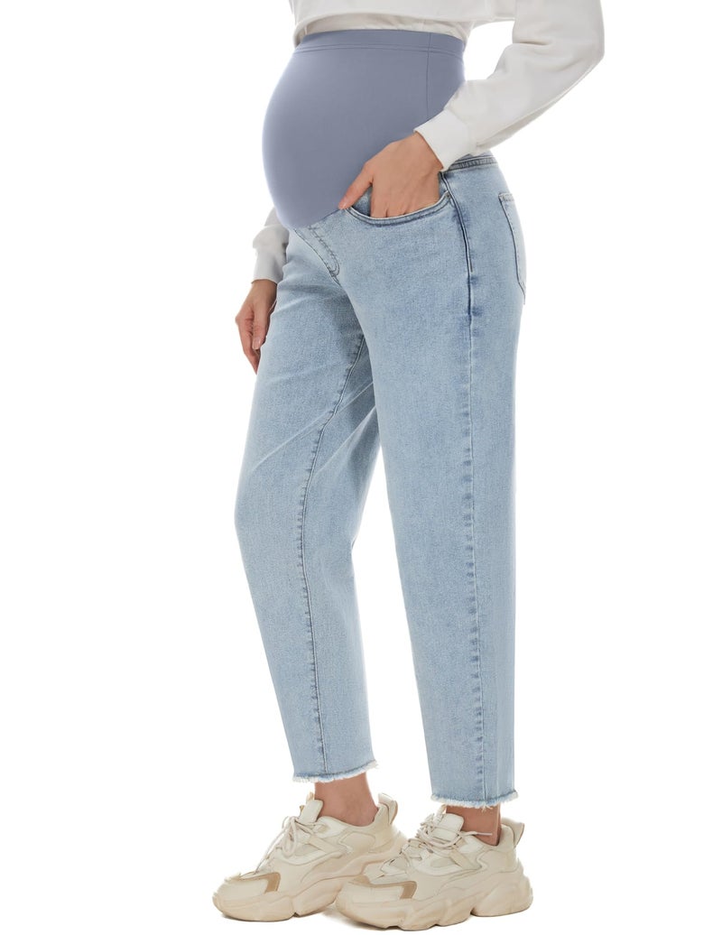 POSHGLAM Women's Maternity Jeans Over Belly Comfy Stretch Boyfriend Jeans Raw Hem Pants(Light Blue 26'', Medium) - Image 1