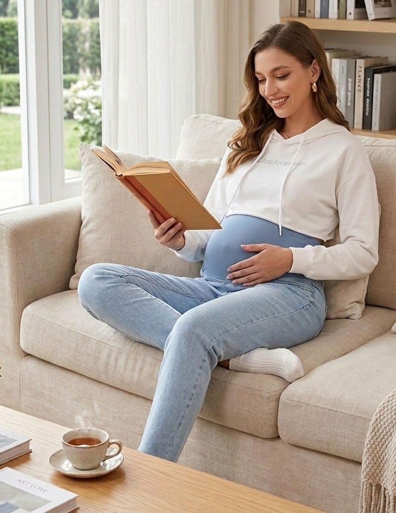 POSHGLAM Women's Maternity Jeans Over Belly Comfy Stretch Boyfriend Jeans Raw Hem Pants(Light Blue 26'', Medium) - Image 3