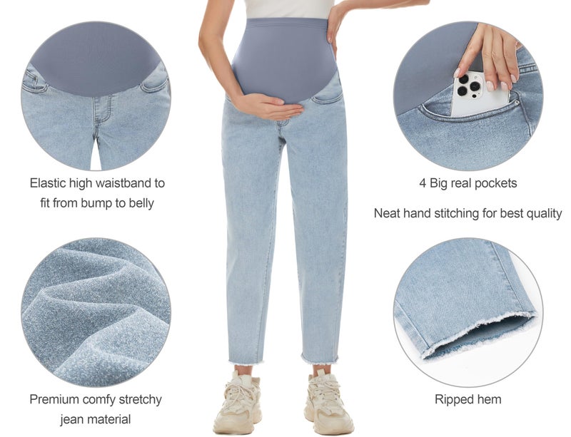 POSHGLAM Women's Maternity Jeans Over Belly Comfy Stretch Boyfriend Jeans Raw Hem Pants(Light Blue 26'', Medium) - Image 4