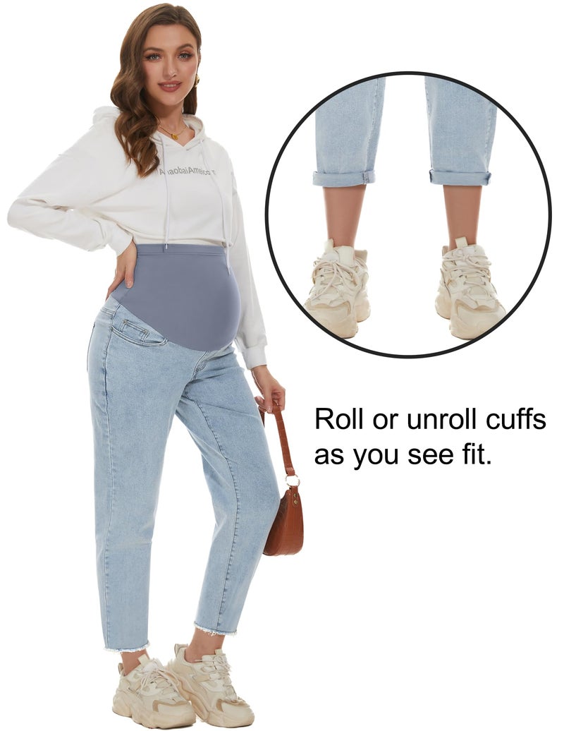 POSHGLAM Women's Maternity Jeans Over Belly Comfy Stretch Boyfriend Jeans Raw Hem Pants(Light Blue 26'', Medium) - Image 5