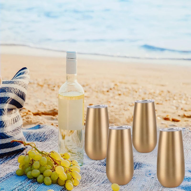 Lifecapido 6 Pack Champagne Insulated Tumblers, Stemless Champagne Tumbler 6 Oz, Champagne Flutes Wine Tumbler, Unbreakable Cocktail Cups with Lid, Gift for Family Friends Christmas Birthday Wedding (Gold) - Image 3