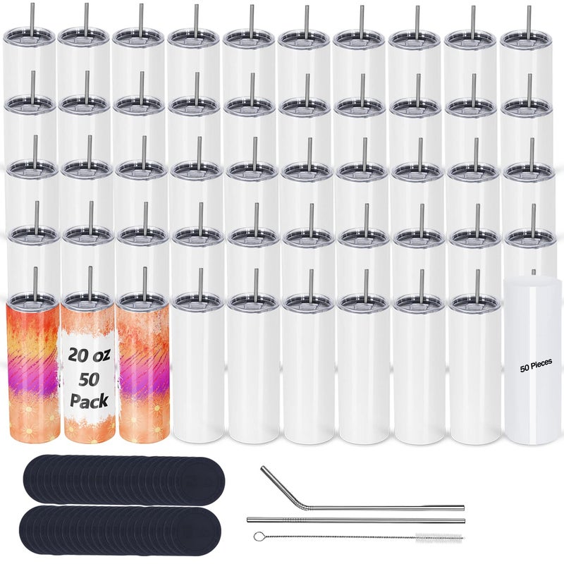 Micellwuu 50 Pack Sublimation Tumblers Bulk 20 oz Skinny StraightStainless Steel Sublimation Blanks Cups White Individually Boxed