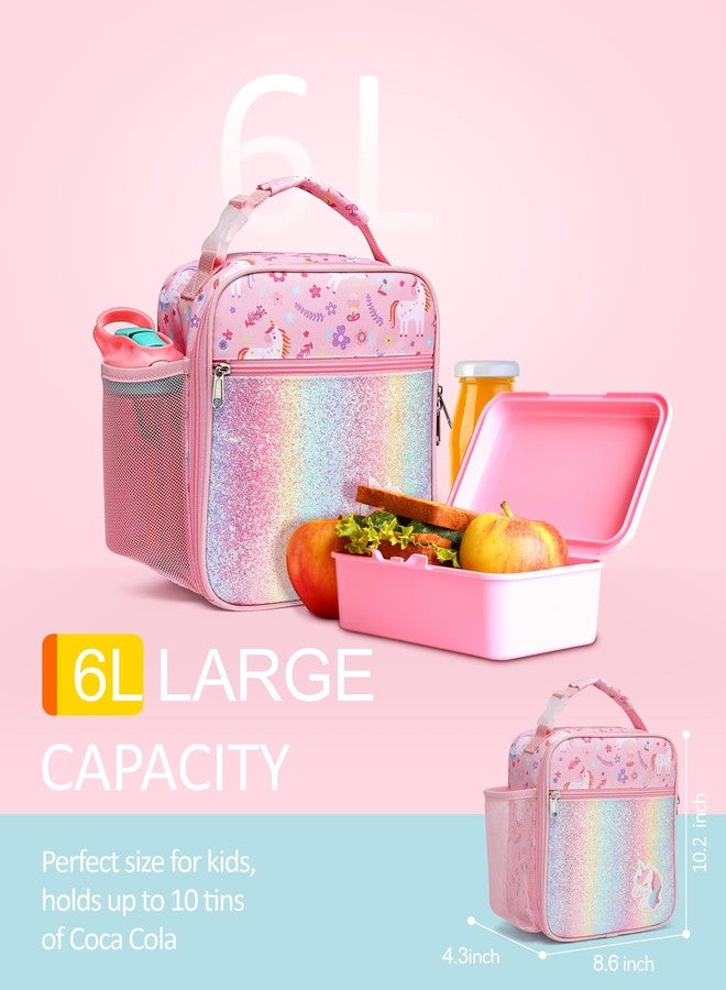 Bagseri Kids Lunch Box Girls - Insulated Kids Lunch Bag for Girls Portable Reusable Toddler Lunch Cooler Bag for School, Water-resistant Lining（Glitter Unicorn,Pink） - Image 3