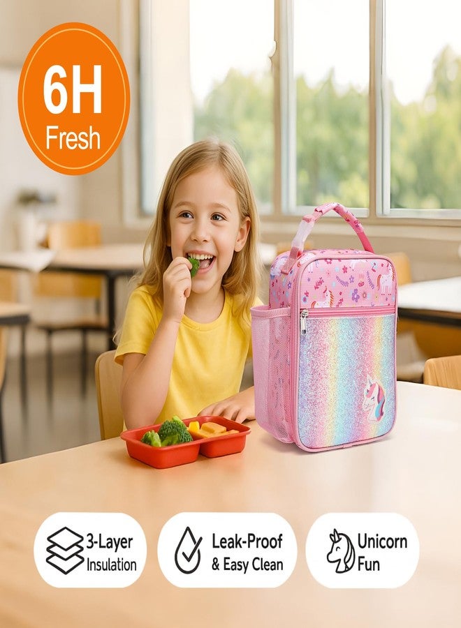 Bagseri Kids Lunch Box Girls - Insulated Kids Lunch Bag for Girls Portable Reusable Toddler Lunch Cooler Bag for School, Water-resistant Lining（Glitter Unicorn,Pink） - Image 2