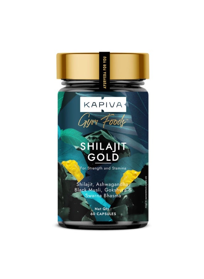 كابيفا كبسولات كابيفا شيلاجيت جولد (Kapiva Shilajit Gold) - 60 كبسولة | تحتوي على ذهب عيار 24 قيراط | لتعزيز القدرة على التحمل، ونمو العضلات، ومستويات الطاقة | تحتوي على الأشواغاندا، والجوكشورا، وأعشاب فعالة أخرى | منتج أيورفيدي طبيعي 100% - Image 1