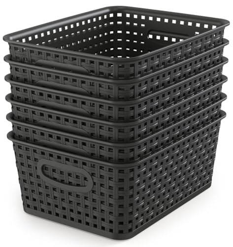 WYT Woven Storage Organizer Basket, 6-Pack Black Plastic Weave Baskets, 10.1 x 7.55 x 4.1 - Image 1