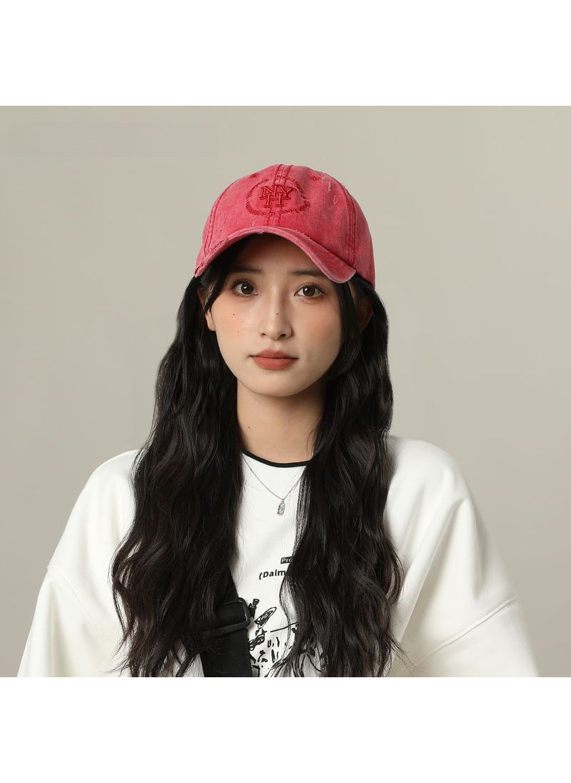 Generic Distressed Baseball Cap Unisex Deep Crown rose red  - Image 1