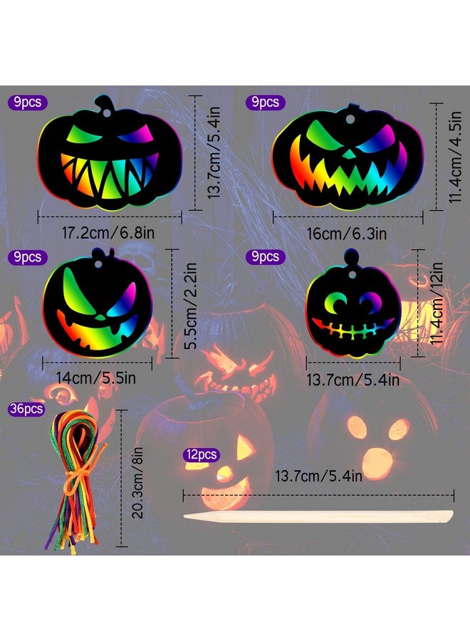 JULMELON 48 Pieces Halloween Scratch Paper Crafts Kit Bulk of Halloween Pumpkins Magic Rainbow Scratch Art for Kids DIY Party Ornaments Halloween Decor with 6 Pcs Halloween Pumpkins Stencils - Image 2