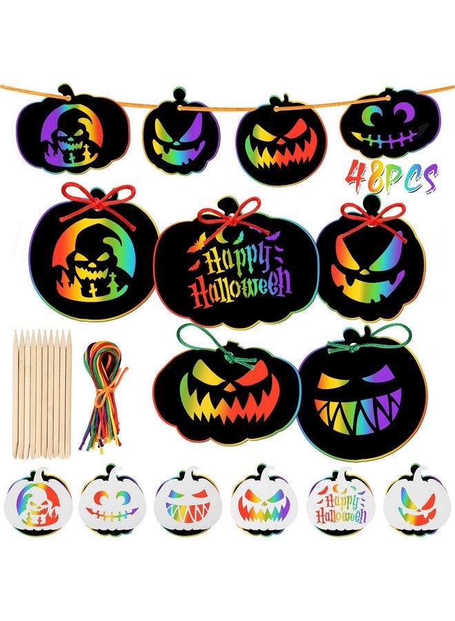 JULMELON 48 Pieces Halloween Scratch Paper Crafts Kit Bulk of Halloween Pumpkins Magic Rainbow Scratch Art for Kids DIY Party Ornaments Halloween Decor with 6 Pcs Halloween Pumpkins Stencils - Image 1