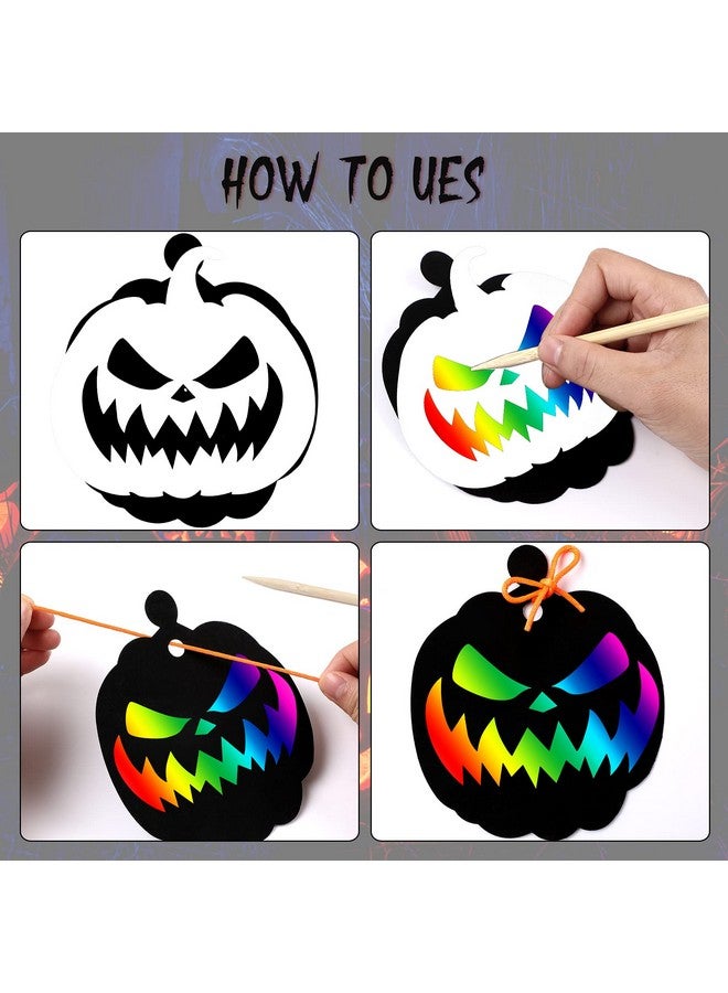 JULMELON 48 Pieces Halloween Scratch Paper Crafts Kit Bulk of Halloween Pumpkins Magic Rainbow Scratch Art for Kids DIY Party Ornaments Halloween Decor with 6 Pcs Halloween Pumpkins Stencils - Image 4