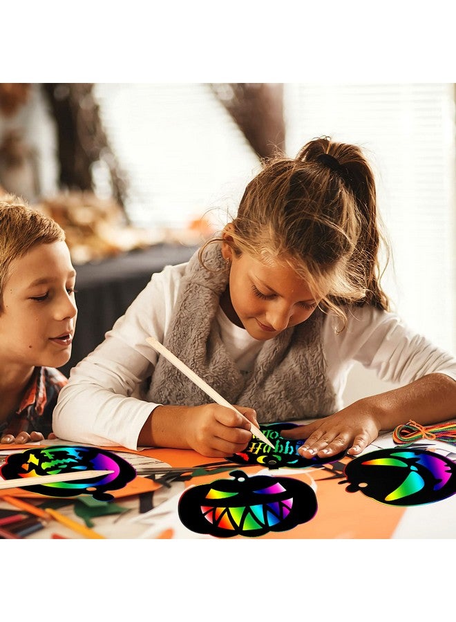 JULMELON 48 Pieces Halloween Scratch Paper Crafts Kit Bulk of Halloween Pumpkins Magic Rainbow Scratch Art for Kids DIY Party Ornaments Halloween Decor with 6 Pcs Halloween Pumpkins Stencils - Image 5