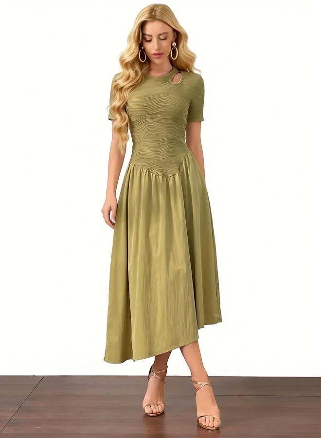Take Two Olive Textured Midi Dress with Cutout Detail