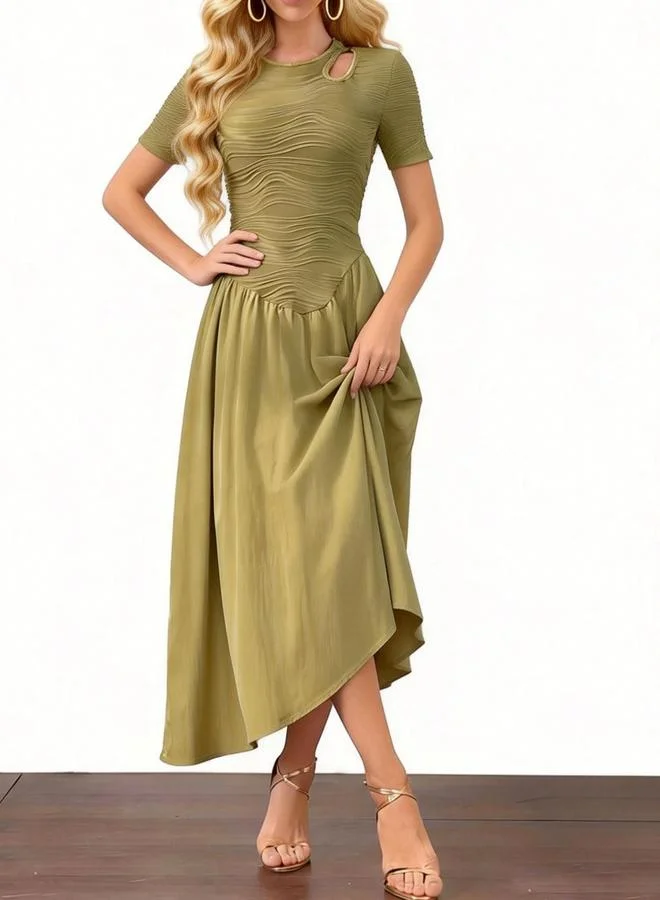 Take Two Olive Textured Midi Dress with Cutout Detail