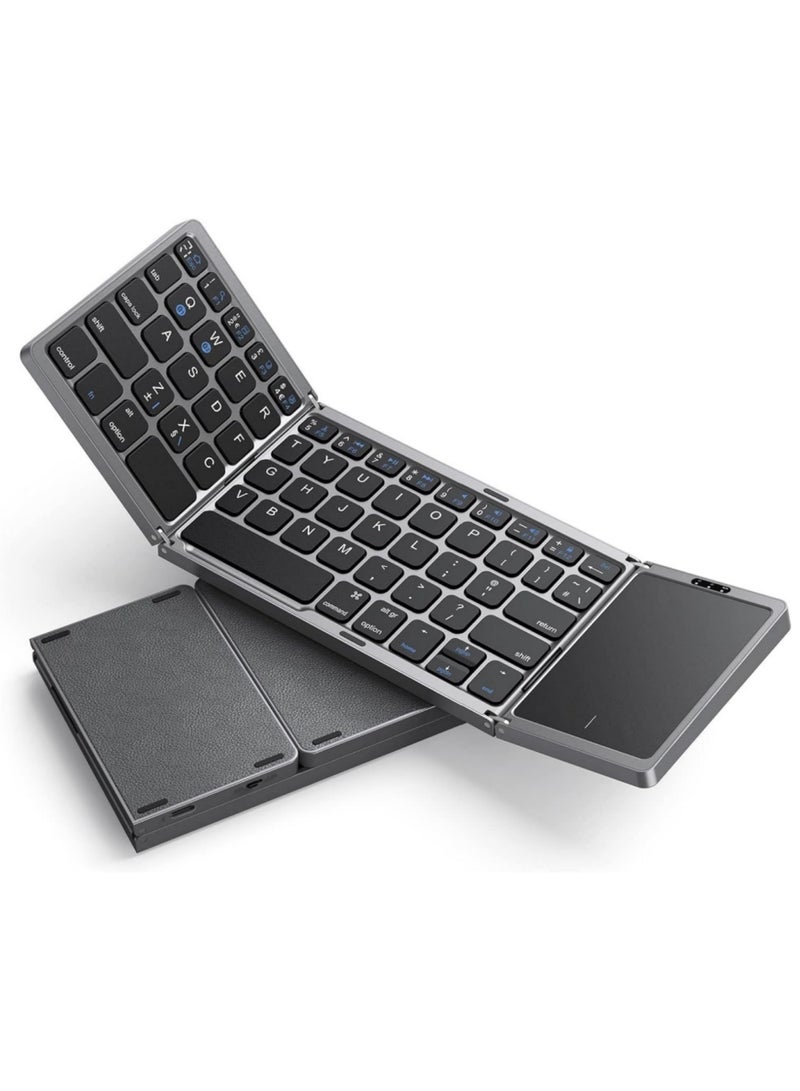 Arabic u0026 English Foldable Bluetooth Keyboard with Touchpad, Rechargeable Wireless Portable Keyboard, Dual-Mode Bluetooth/USB Wired Pocket-Sized Travel Keyboard for i-O-S, Android, Windows, Mac OS (Space Gray) - Image 1