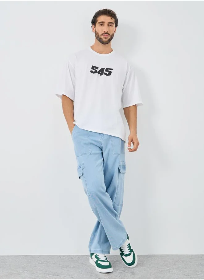 ستايلي Styli Slogan Print Round Neck Oversized T-Shirt