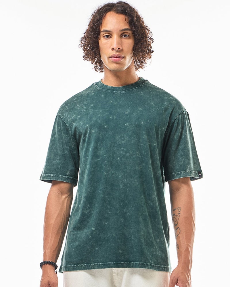 bewakoof Men's Green Oversized Acid Wash T-shirt - Image 1