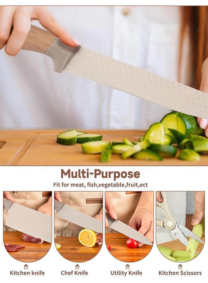 NextWave Kitchen Knife Set,6-Piece Khaki Kitchen Knife Set with Knife Block – Non-Stick Stainless Steel Sharp Blades, Anti-Rust & Ergonomic Design for Home, Restaurant - Image 4