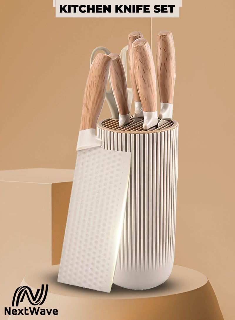 الموجة التالية طقم سكاكين مطبخ، طقم سكاكين مطبخ كاكي مكون من 6 قطع مع حامل سكاكين - شفرات حادة من الفولاذ المقاوم للصدأ غير لاصقة، تصميم مضاد للصدأ ومريح للمنزل والمطعم - Image 1