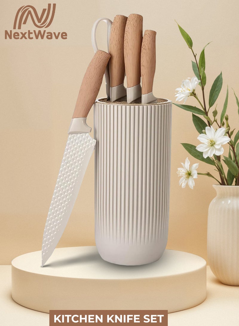 الموجة التالية طقم سكاكين مطبخ، طقم سكاكين مطبخ كاكي مكون من 6 قطع مع حامل سكاكين - شفرات حادة من الفولاذ المقاوم للصدأ غير لاصقة، تصميم مضاد للصدأ ومريح للمنزل والمطعم - Image 1