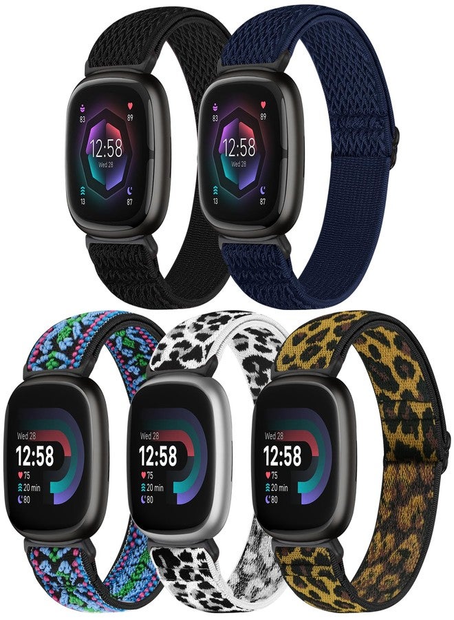 Bcuckood Compatible with Fitbit Versa 4/Versa 3/Sense 2/Sense Band Women Men, 5 Pack Elastic Nylon Soft Adjustable Stretchy Solo Loop Replacement Strap for Women Men - Image 1