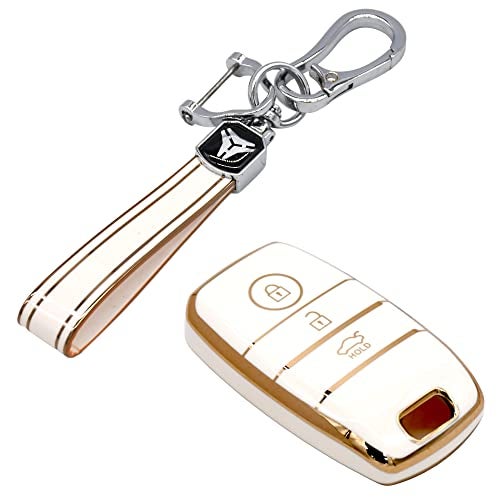 KMH TPU Gold Car Smart Key Cover Compatible for Kia Seltos, Sonet, Carens 3 Push Button Smart Key Shell Case Holder, Key Protector with Keychain (White Gold) Pack of 2 - Image 1