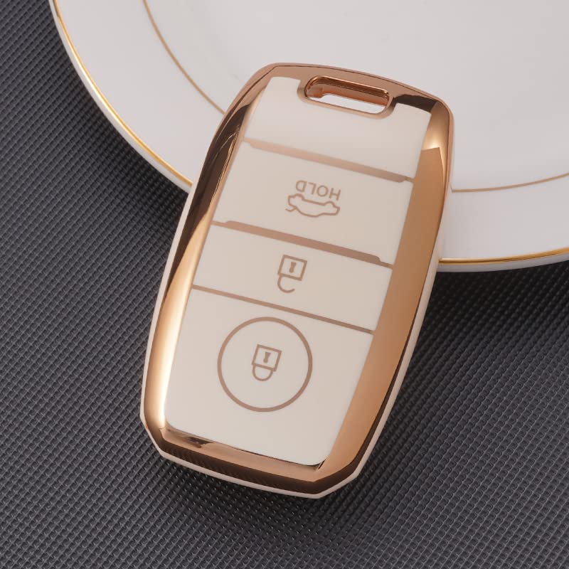 KMH TPU Gold Car Smart Key Cover Compatible for Kia Seltos, Sonet, Carens 3 Push Button Smart Key Shell Case Holder, Key Protector with Keychain (White Gold) Pack of 2 - Image 2