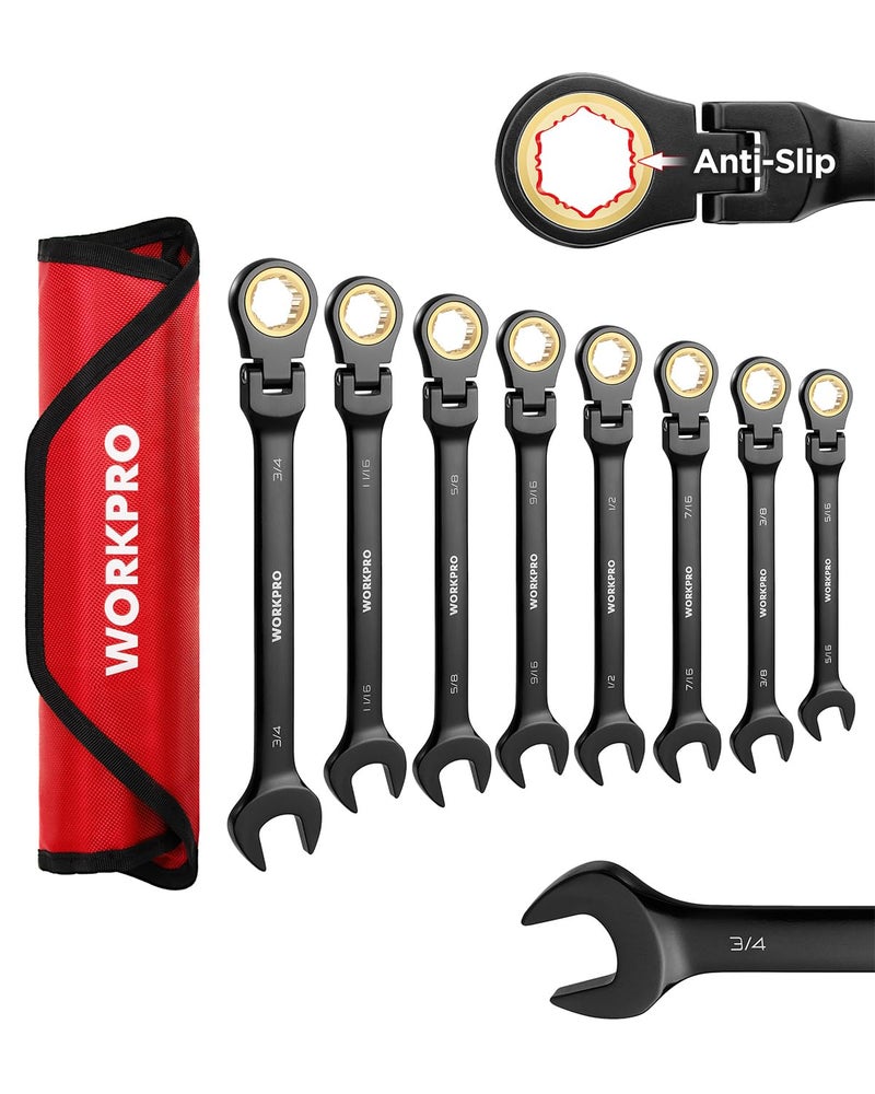 WORKPRO Ratcheting Combination Wrench Set, 8-piece Flex-Head Anti-Slip Set SAE 5/16-3/4 inch, 72-Teeth, Cr-V Constructed, Black Electrophoretic Coating with Rolling Pouch - Image 1