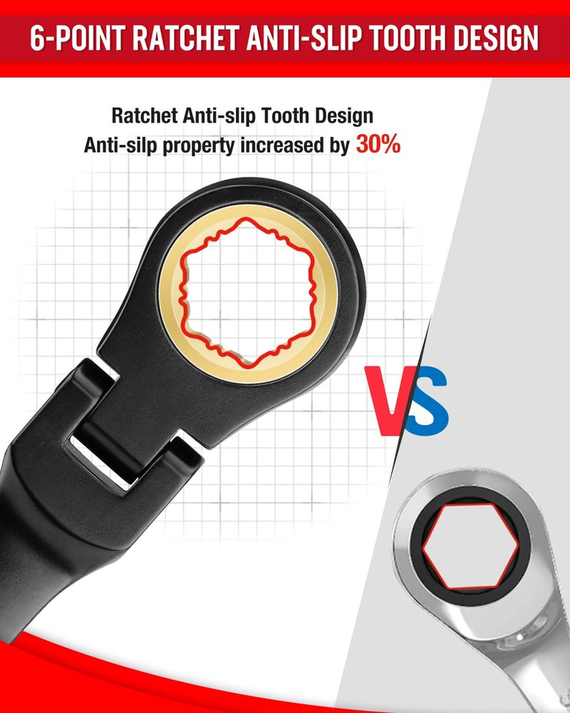 WORKPRO Ratcheting Combination Wrench Set, 8-piece Flex-Head Anti-Slip Set SAE 5/16-3/4 inch, 72-Teeth, Cr-V Constructed, Black Electrophoretic Coating with Rolling Pouch - Image 2