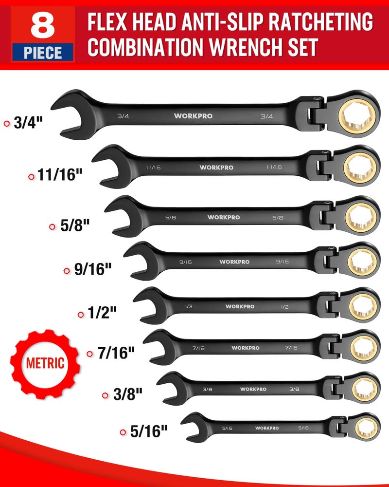 WORKPRO Ratcheting Combination Wrench Set, 8-piece Flex-Head Anti-Slip Set SAE 5/16-3/4 inch, 72-Teeth, Cr-V Constructed, Black Electrophoretic Coating with Rolling Pouch - Image 5