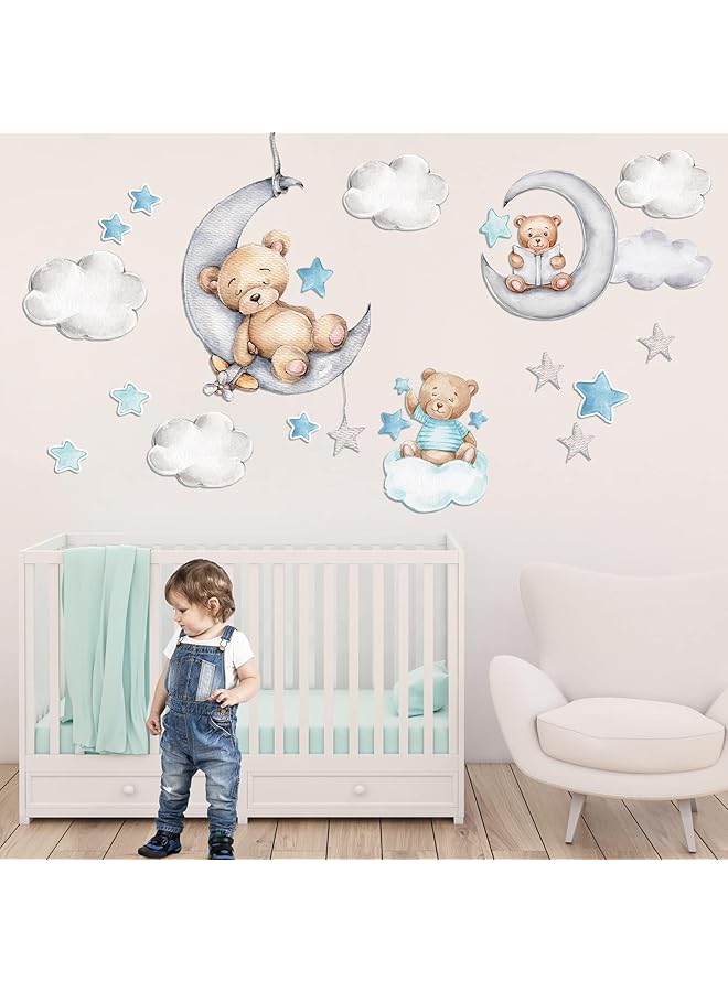 إيروريكس ملصقات حائط على شكل دب، ديكور غرفة الأطفال، دب نائم على القمر والنجوم، ديكور غرفة الأطفال، قمر الأحلام الحلوة، نجمة الهواء الساخن، ديكور غرفة استحمام الطفل، غرفة نوم الأطفال، غرفة اللعب، أزرق - Image 2