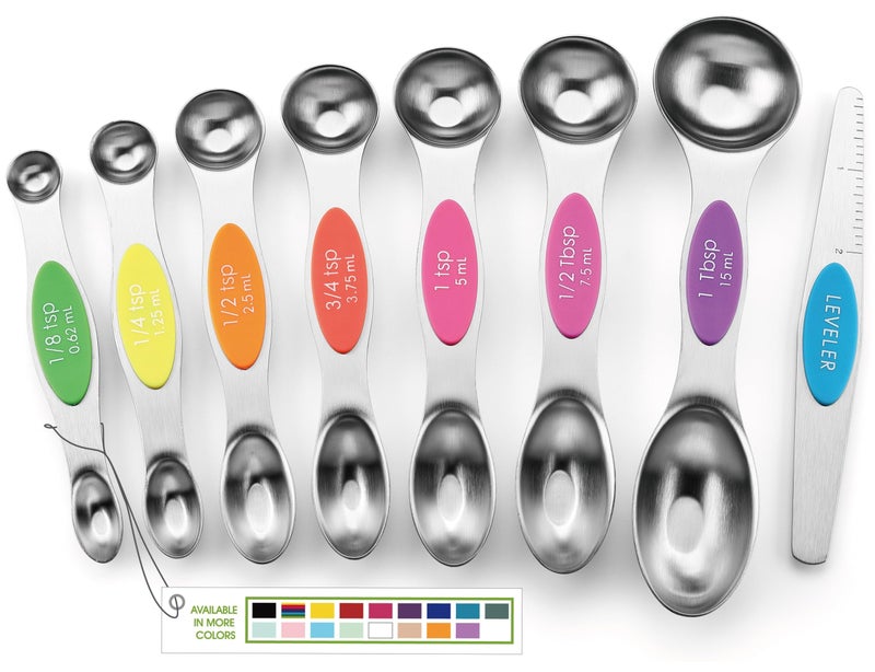 Spring Chef Spring Chef Stainless Steel Magnetic Measuring Spoons Set of 8 with Leveler Nesting Metal Teaspoon  Tablespoon Measuring Spoons Kitchen Gadgets for Baking  Cooking Fits in Most Spice Jars  Neon 