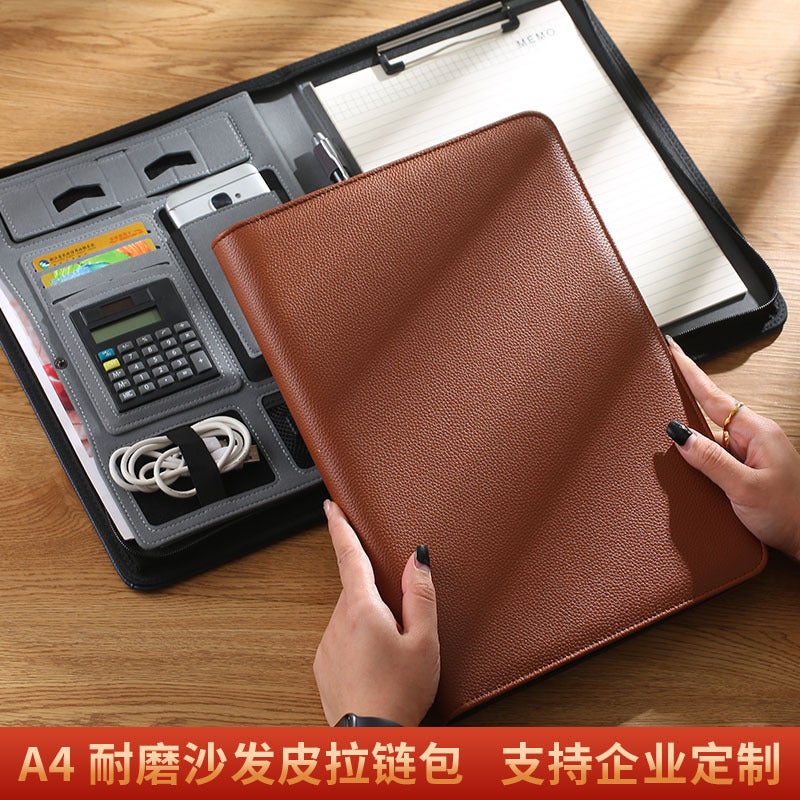 Multi-Functional Wear-Resistant Sofa Leather Folder Business Office Zipper Bag Data Sales Folder Contract Manager Folder - Image 2